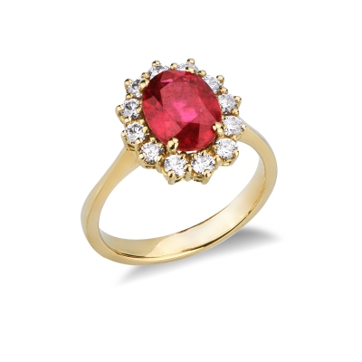 Bague halo femme en or jaune 18 carats avec rubis ovale et diamants