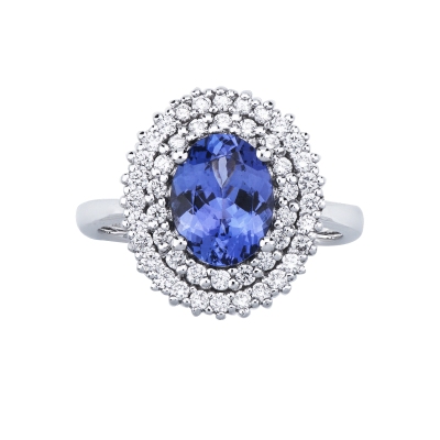 Bague halo double en or blanc 18 carats avec tanzanite ovale et diamants