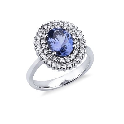 Bague halo double en or blanc 18 carats avec tanzanite ovale et diamants