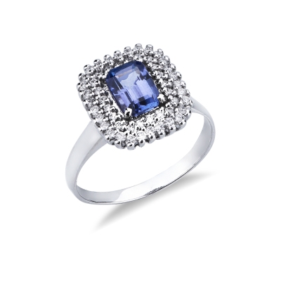 Bague halo double en or blanc 18 carats avec tanzanite rectangulaire et diamants