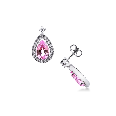 Boucles pendantes or blanc 18k avec saphir rose et diamants