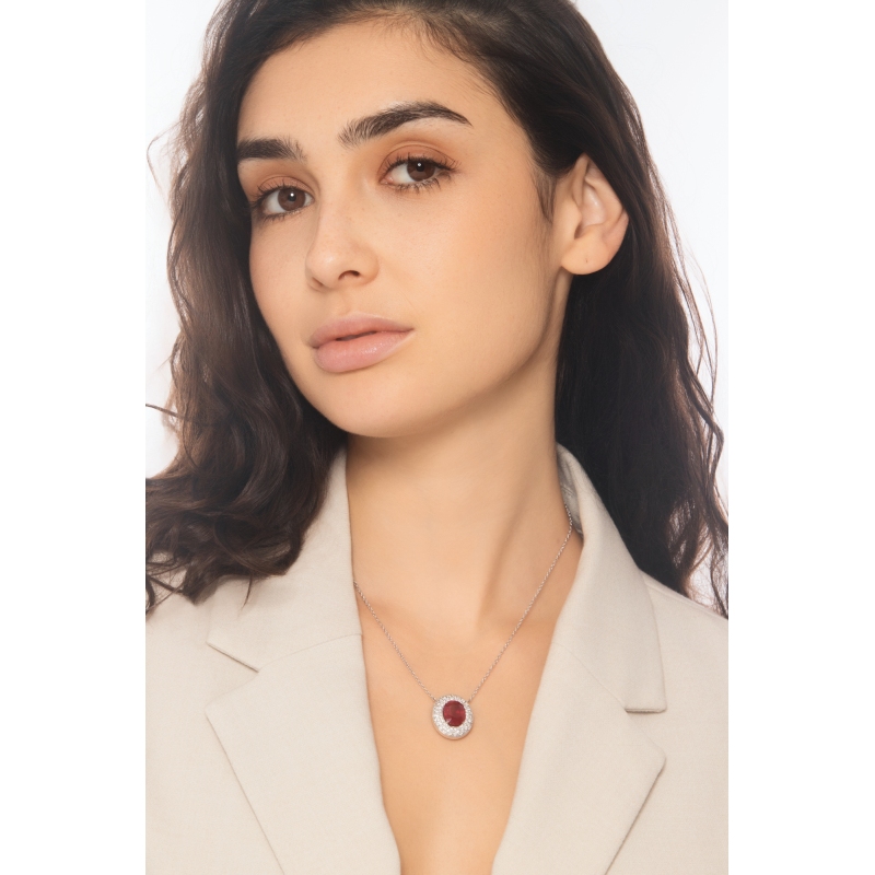 Collier halo or blanc 18k avec rubis et diamants