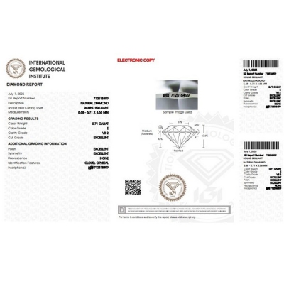 Diamant Certifié IGI  0.71 CT E VS2
