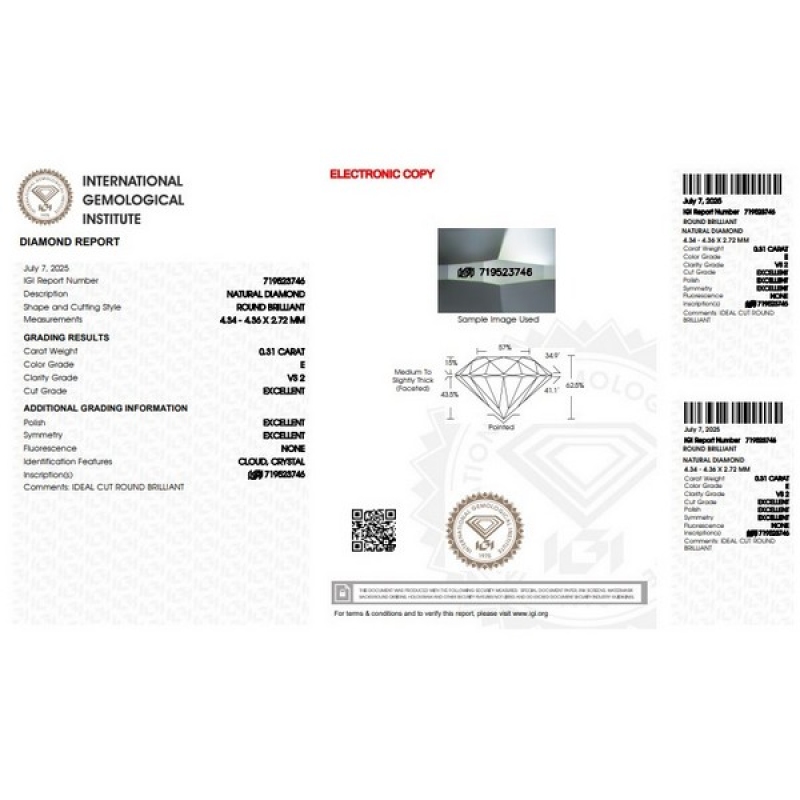 Diamant Certifié IGI  0.31 CT E VS2