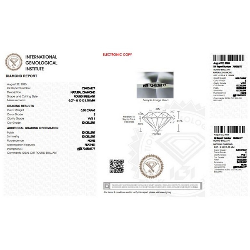 Diamant Certifié IGI  0.50 CT E VVS1