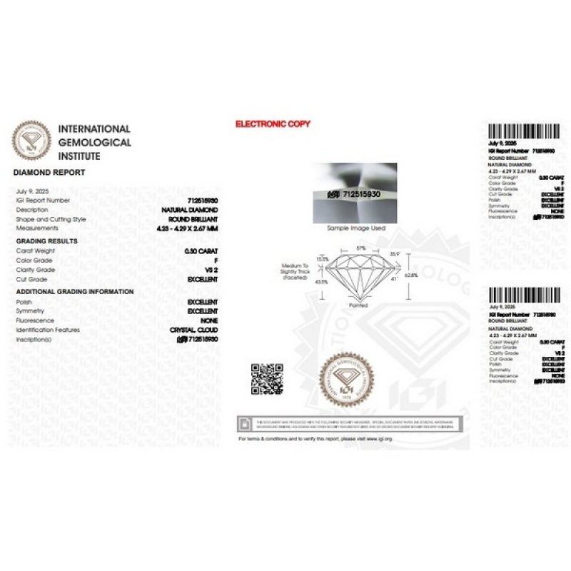 Diamant Certifié IGI  0.30 CT F VS2 