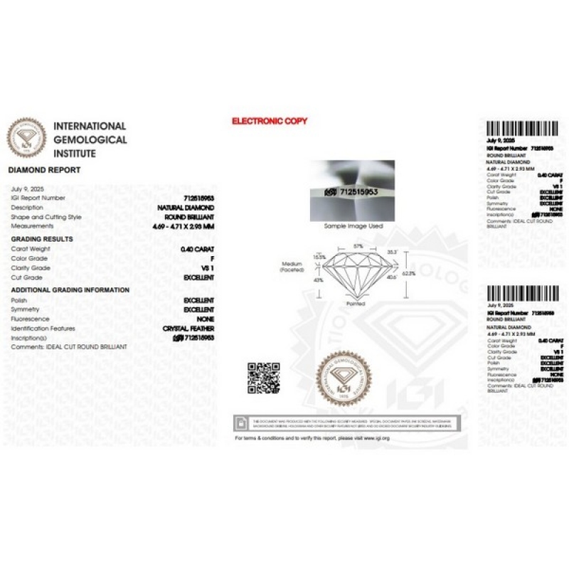 Diamant Certifié IGI 0.40 CT F VS1 