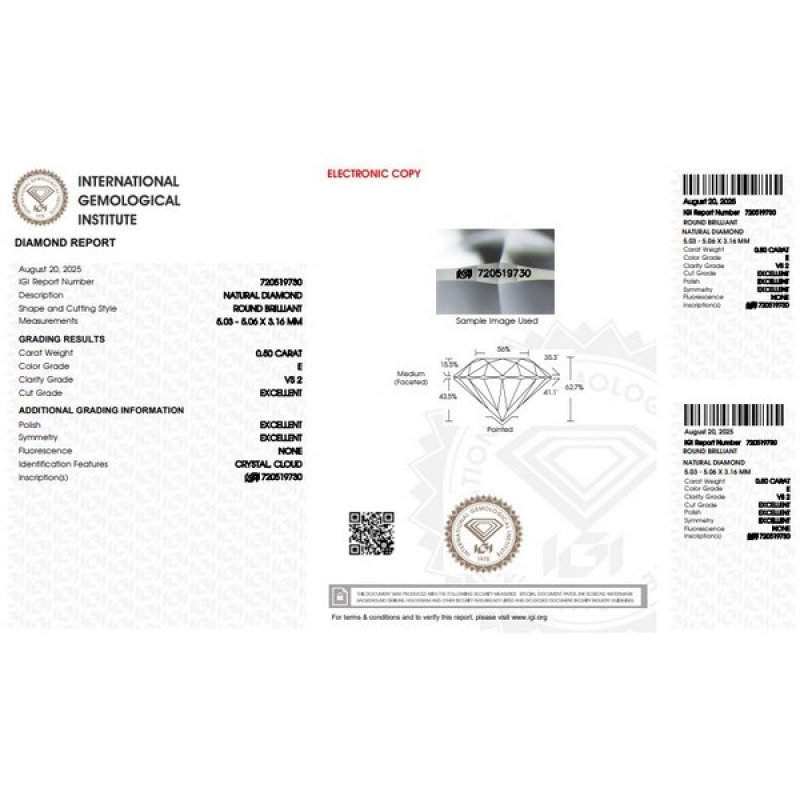 Diamant Certifié IGI   0.50 CT E VS2 