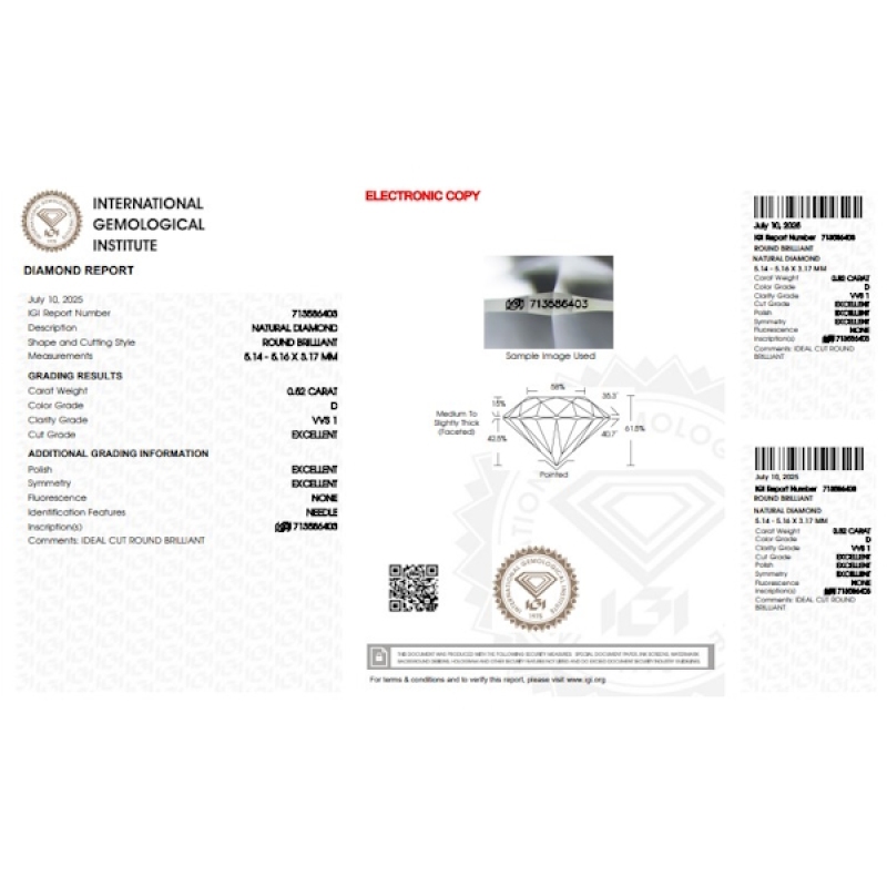 Diamante certificado IGI 0.52 CT D VVS1