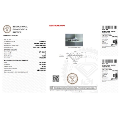 Diamante certificado IGI 0.70 CT D VVS1