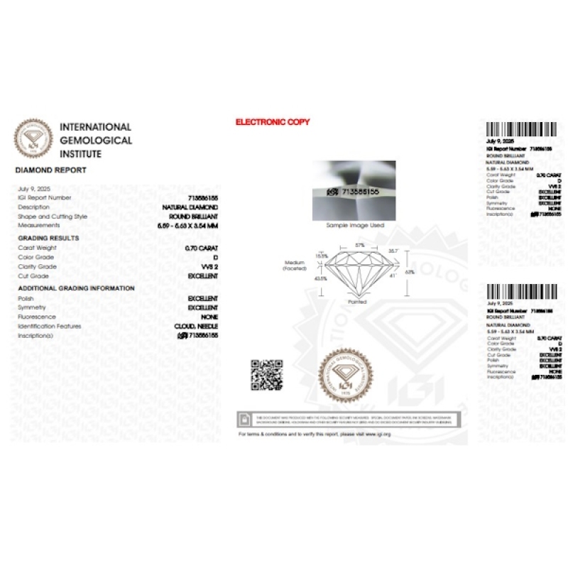 Diamant Certifié IGI 0.70 CT D VVS2