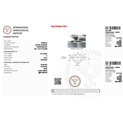 Diamant Certifié IGI 0.70 CT D VVS2