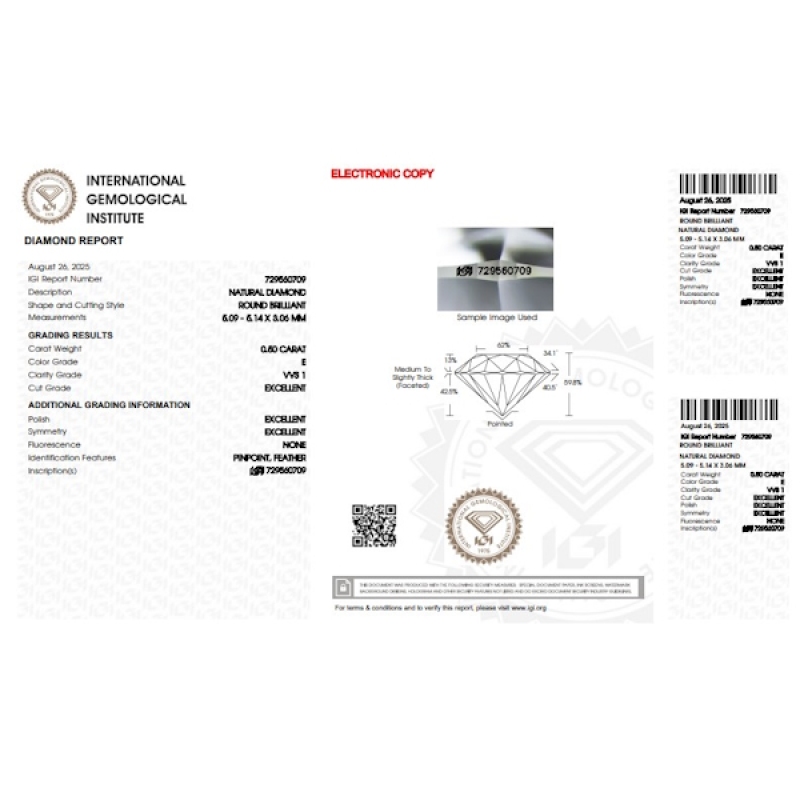 Diamant Certifié IGI  0.50 CT E VVS1 