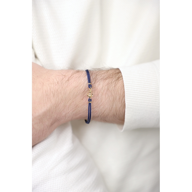 Bracelet en corde bleu avec ancre en or jaune 18k