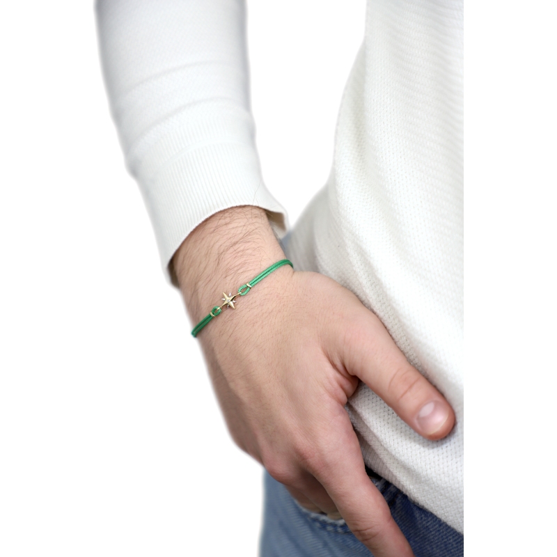 Bracelet en tissu vert et étoile en or jaune et blanc 18k