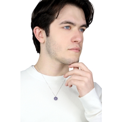 Collier homme en or blanc 18k avec pendentif saphirs et diamants