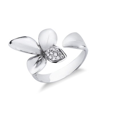 Bague ouverte fleur en or blanc et diamants