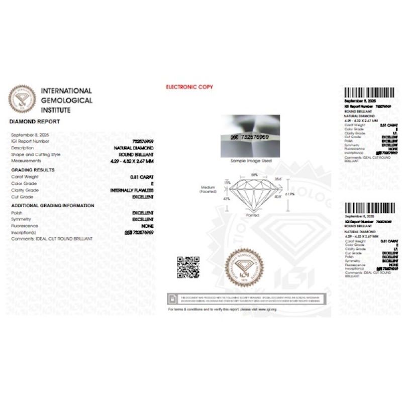 Diamant Certifié IGI  0.31 CT E IF Diamant Certifié IGI  0.31 CT E IF