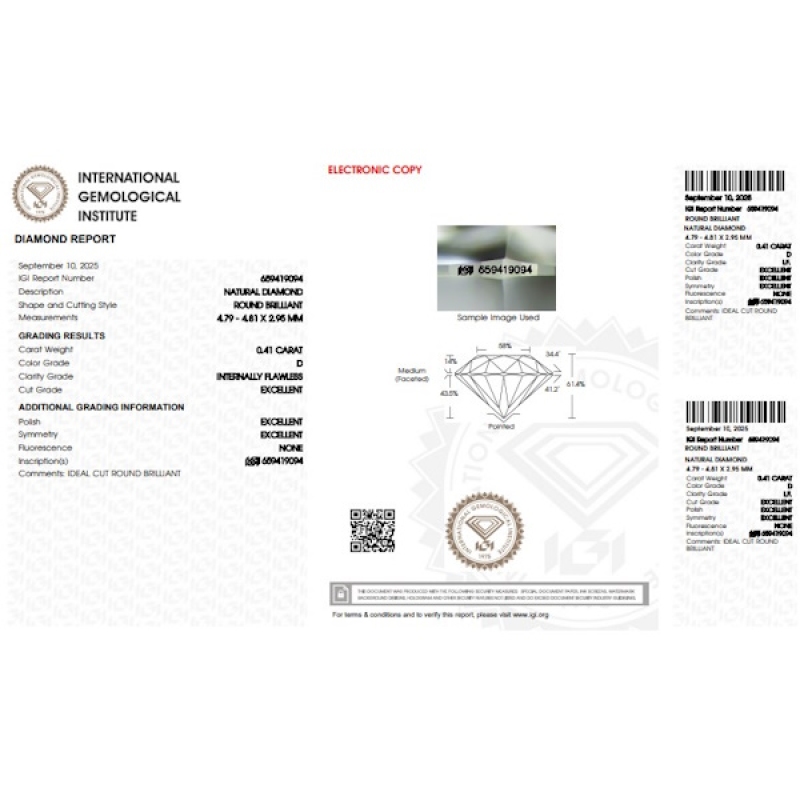 Diamant Certifié IGI 0.41 CT D IF  Diamant Certifié IGI 0.41 CT D IF