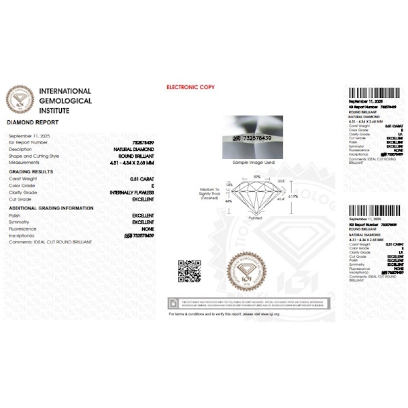 Diamant Certifié IGI  0.31 CT E IF Diamant Certifié IGI  0.31 CT E IF