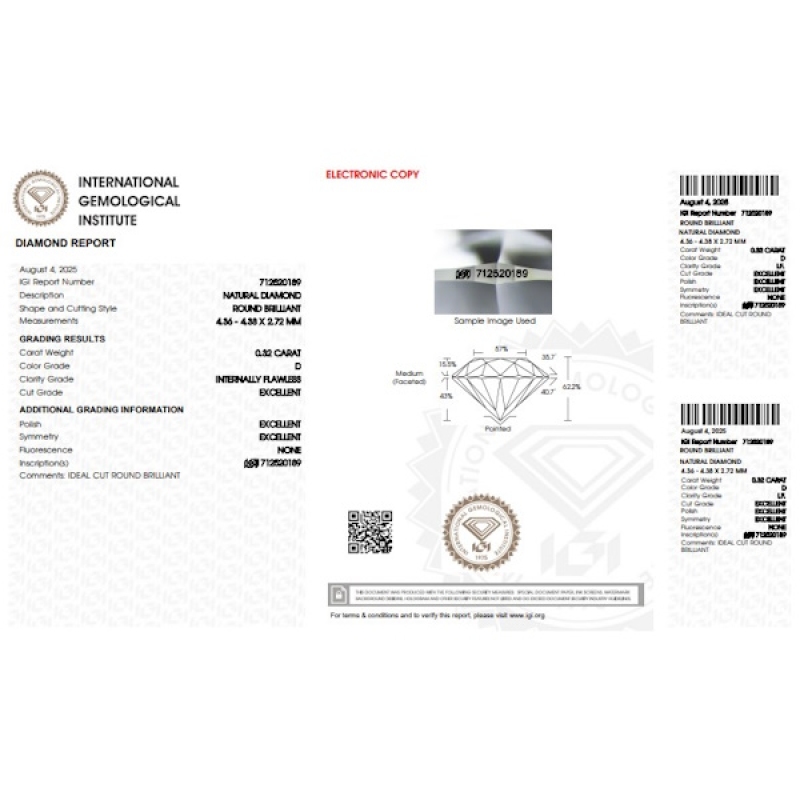 Diamant Certifié IGI  0.32 CT D IF  Diamant Certifié IGI  0.32 CT D IF