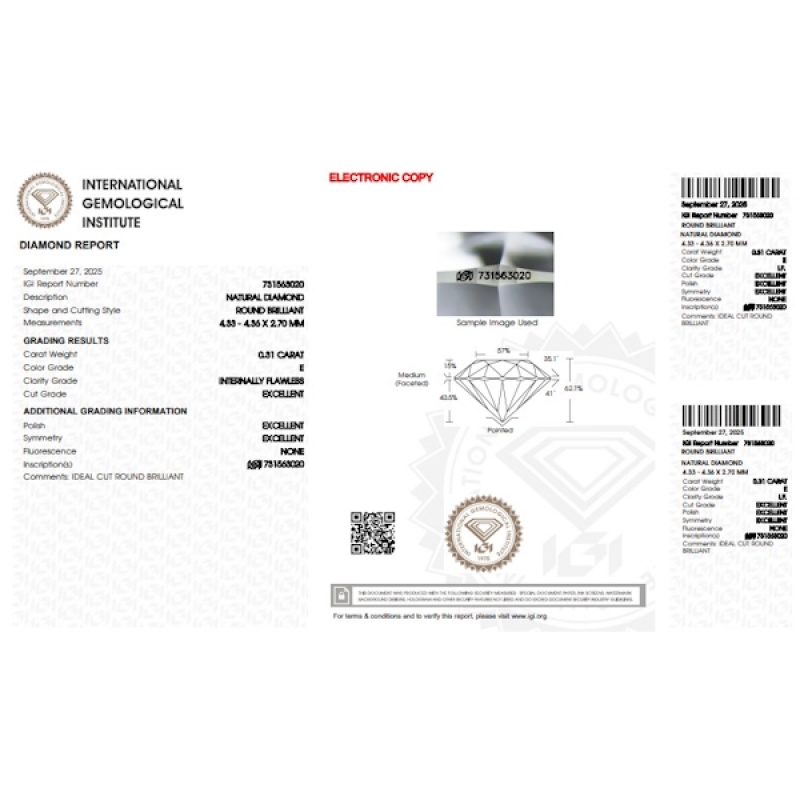 Diamant Certifié IGI  0.31 CT E IF Diamant Certifié IGI  0.31 CT E IF
