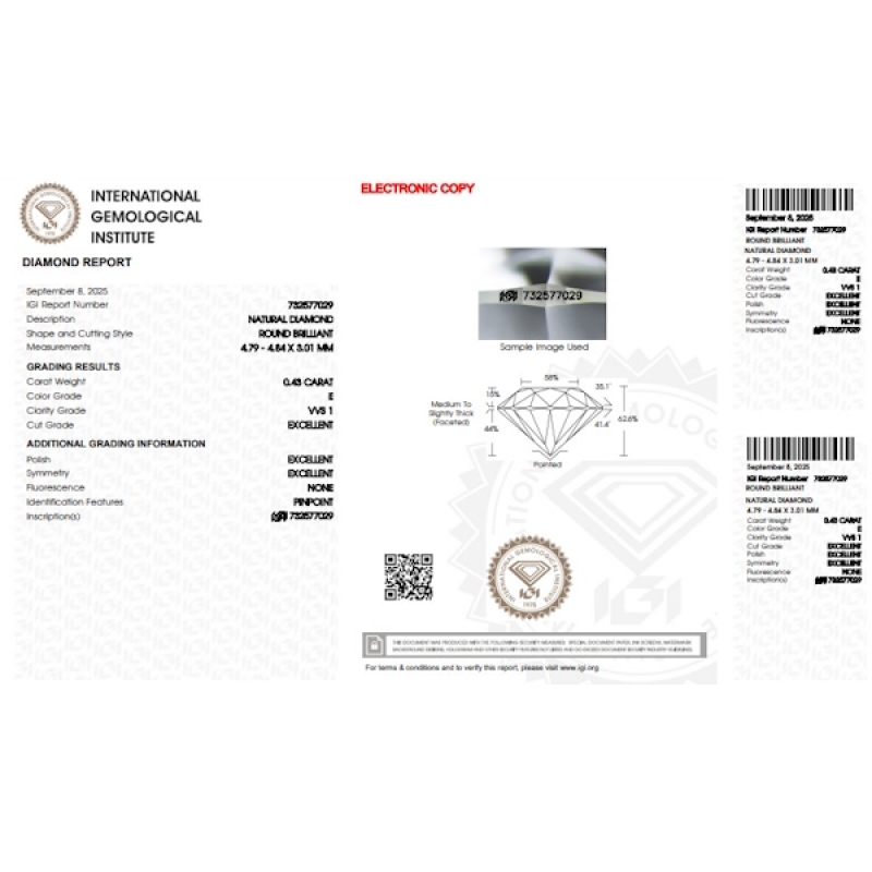 Diamant Certifié IGI   0.43 CT E VVS1 Diamant Certifié IGI   0.43 CT E VVS1