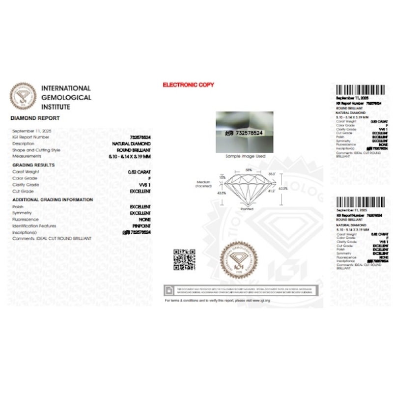 Diamant Certifié IGI  CT  0.52 F VVS1 Diamant Certifié IGI  CT  0.52 F VVS1