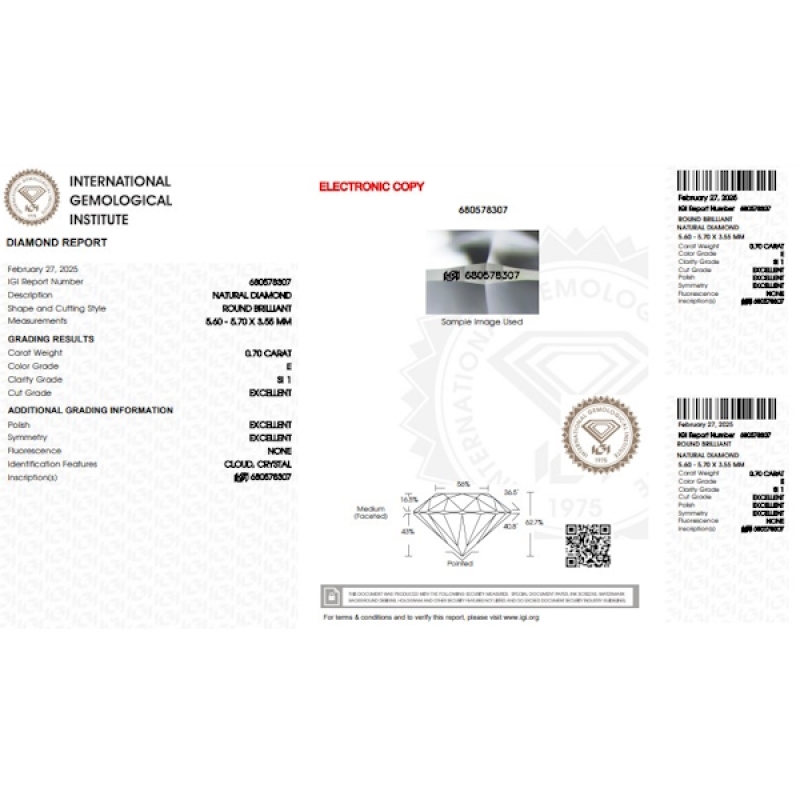 Diamant Certifié IGI 0.70 CT E SI1 Diamant Certifié IGI 0.70 CT E SI1