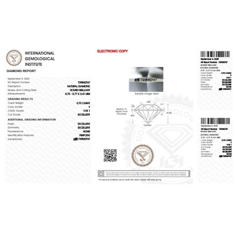 Diamant Certifié IGI 0.70 CT F VVS1 Diamant Certifié IGI 0.70 CT F VVS1