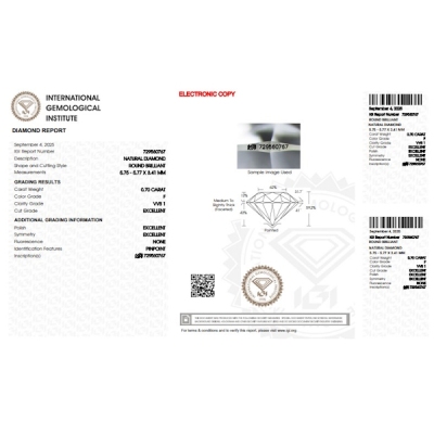 Diamant Certifié IGI 0.70 CT F VVS1