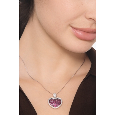 Collier Pendentif Cœur Rubis & Diamants Or Blanc 18k