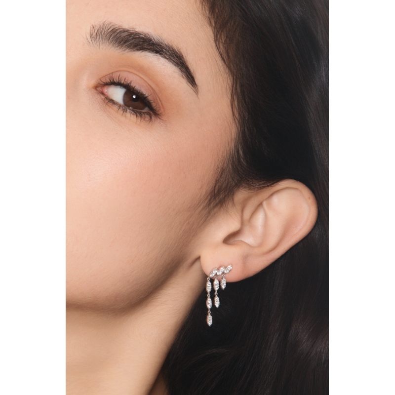 Boucles pendantes trois rangs or blanc 18k avec diamants