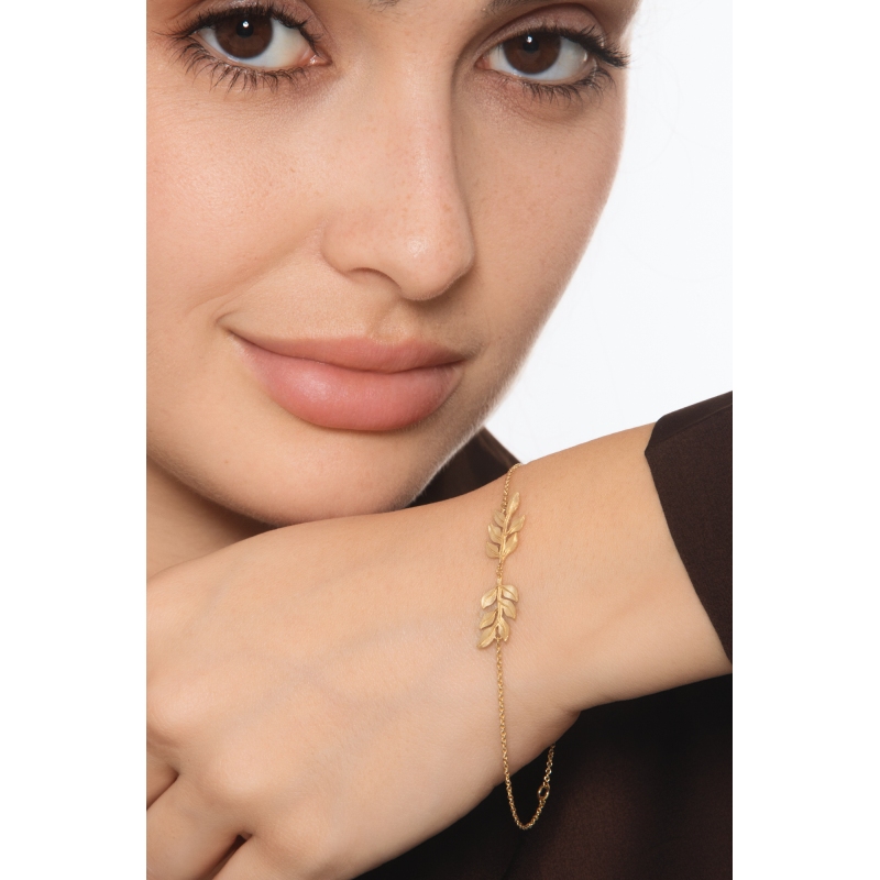 Bracelet en or jaune 18k avec deux feuilles brillantes et satinées