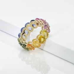 Bague en Or Jaune 750 avec Saphirs Multicolores Taille Ovale