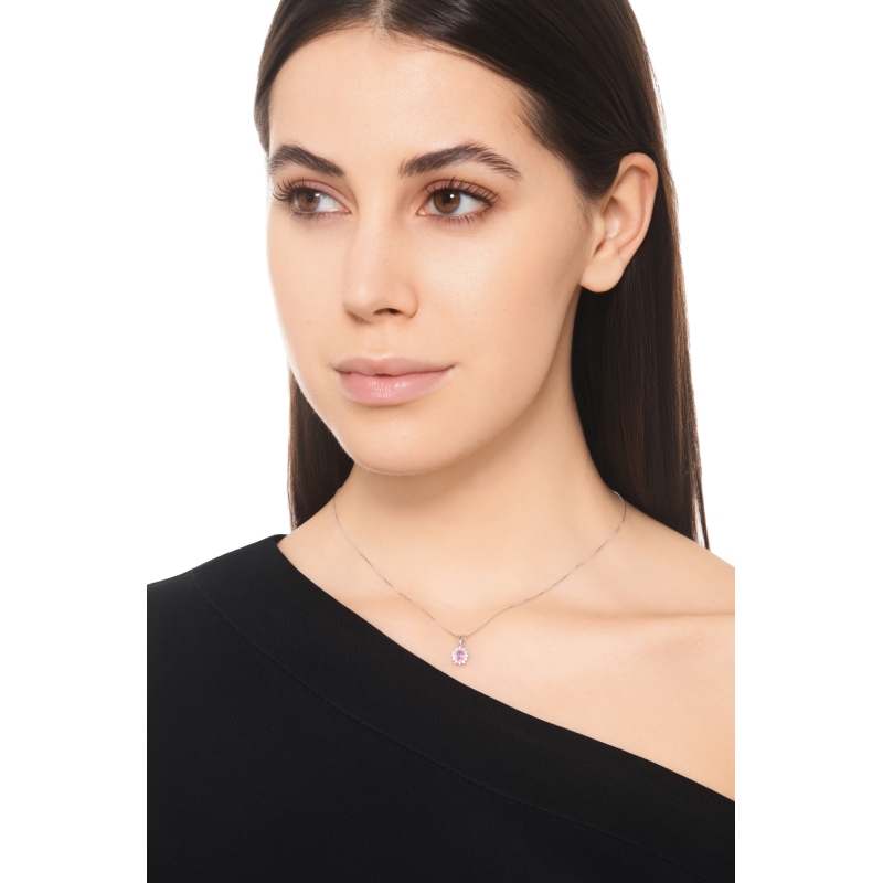 Collier Saphir Rose Ovale Diamants Or Blanc