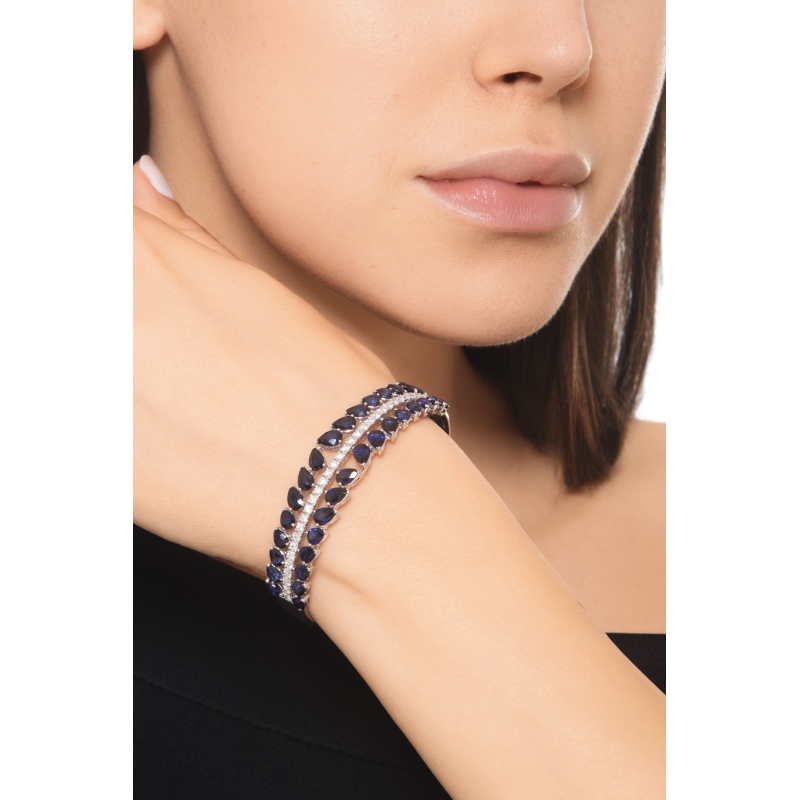 Bracelet Ouvert en Or Blanc 18k avec Saphirs et Diamants