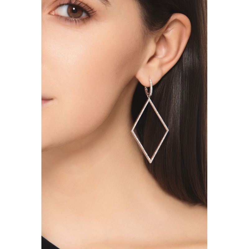 Boucles d'Oreilles Pendantes Losange Diamants Or Blanc