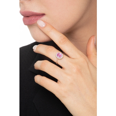 Bague femme en or blanc 18k avec saphir rose et diamants