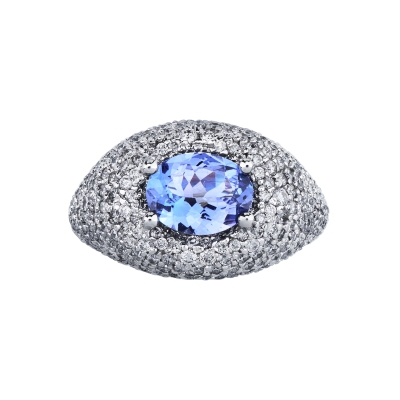 Bague tanzanite ovale et diamants en or blanc 18K