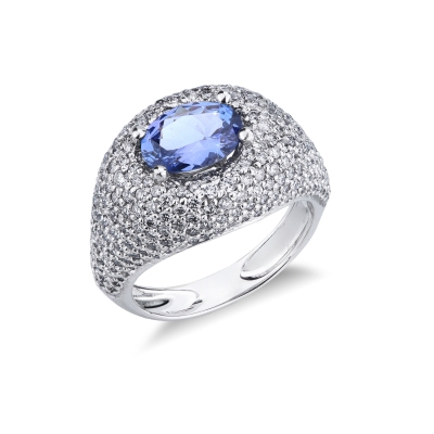 Bague tanzanite ovale et diamants en or blanc 18K