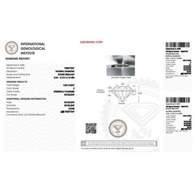 Diamant Certifié IGI  0.50CT E IF
