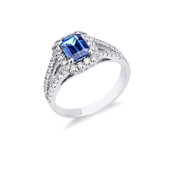 Bague halo en Or Blanc 18k avec Saphir Bleu et Diamants