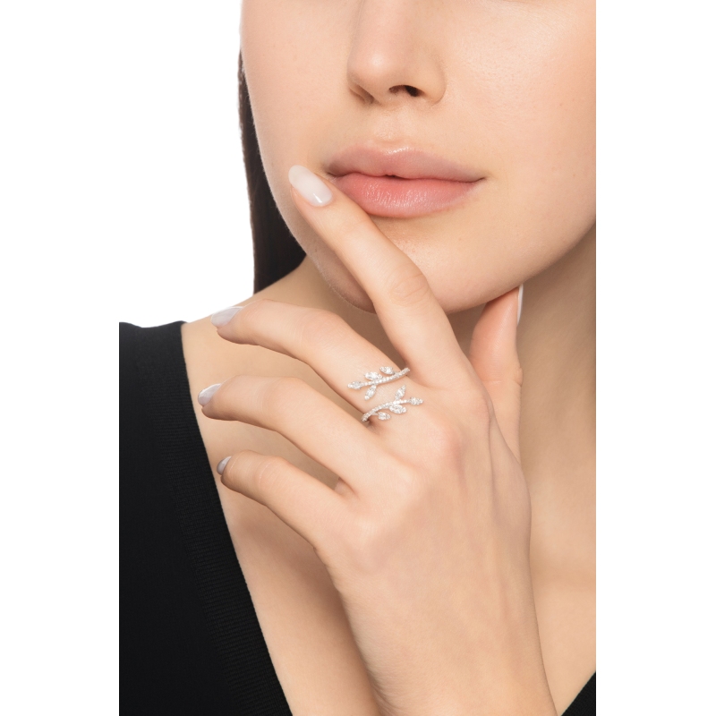 Bague feuille or blanc 18K diamants brillants