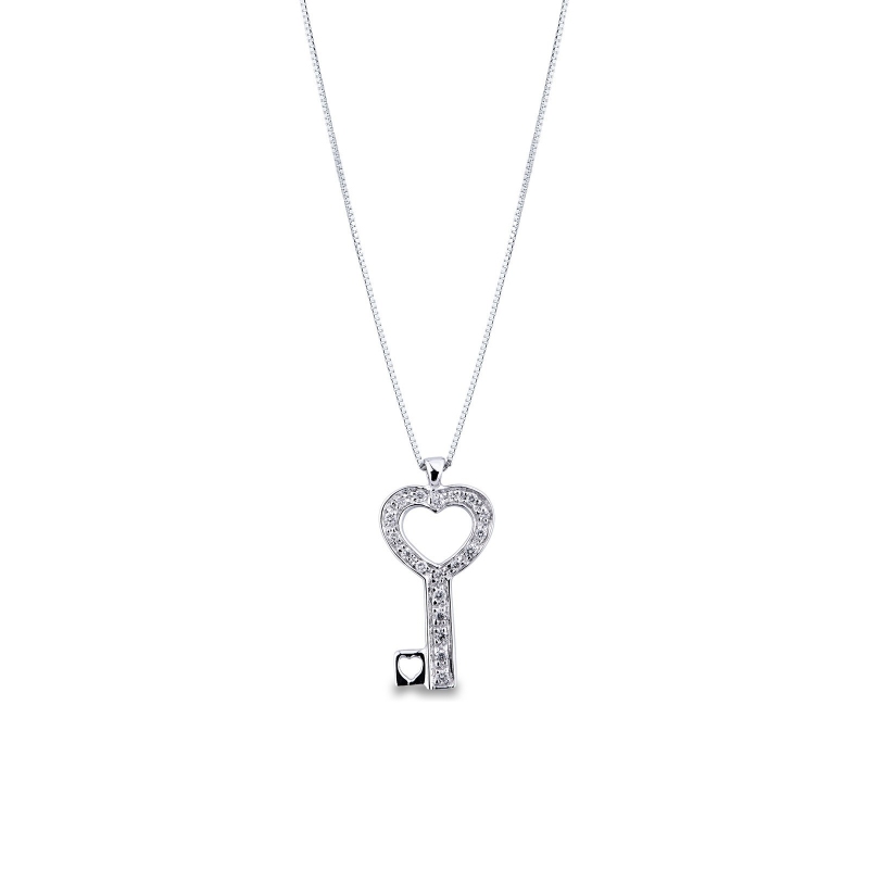 Collier Or Blanc 18k en forme de clé avec diamants
