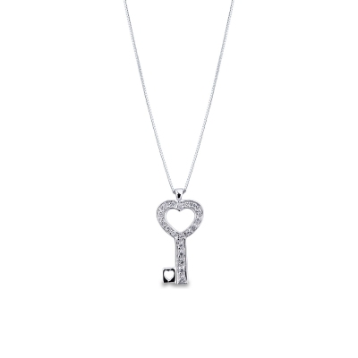 Collier Or Blanc 18k en forme de clé avec diamants