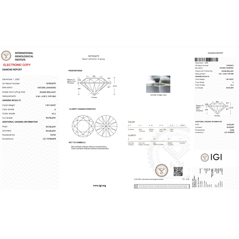 Diamant Certifié IGI  1.00 CT E VS2