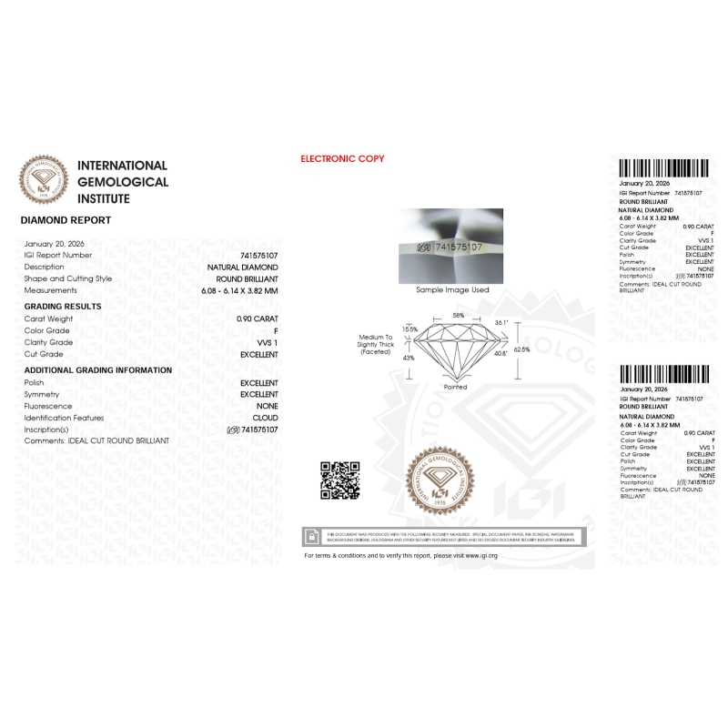 Diamant Certifié IGI  0.90 CT F VVS1