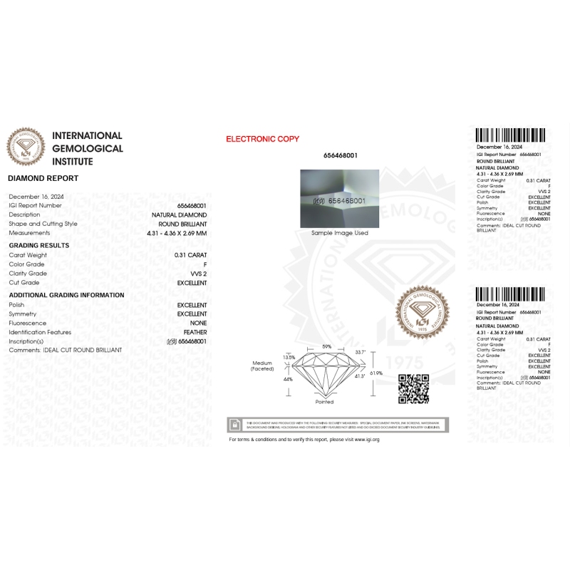 Diamant Certifié IGI  0.31 CT F VVS2 