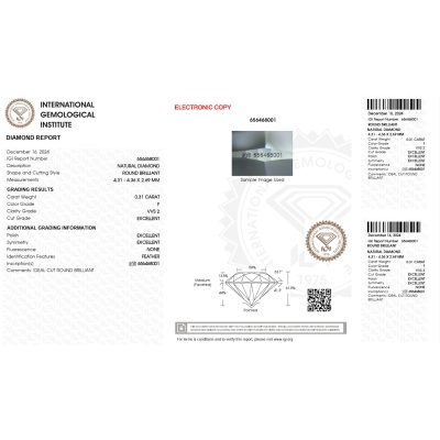 Diamant Certifié IGI  0.31 CT F VVS2 